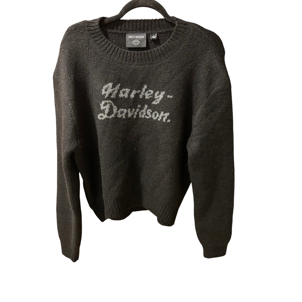 Harley-Davidson Women Metallic Script Intarsia Sweater Black Silver 96829-25VW S